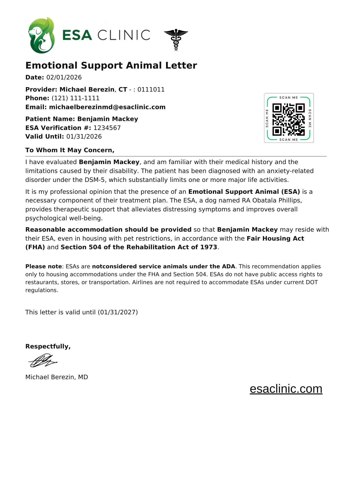 Connecticut Emotional Support Animal Letter Sample