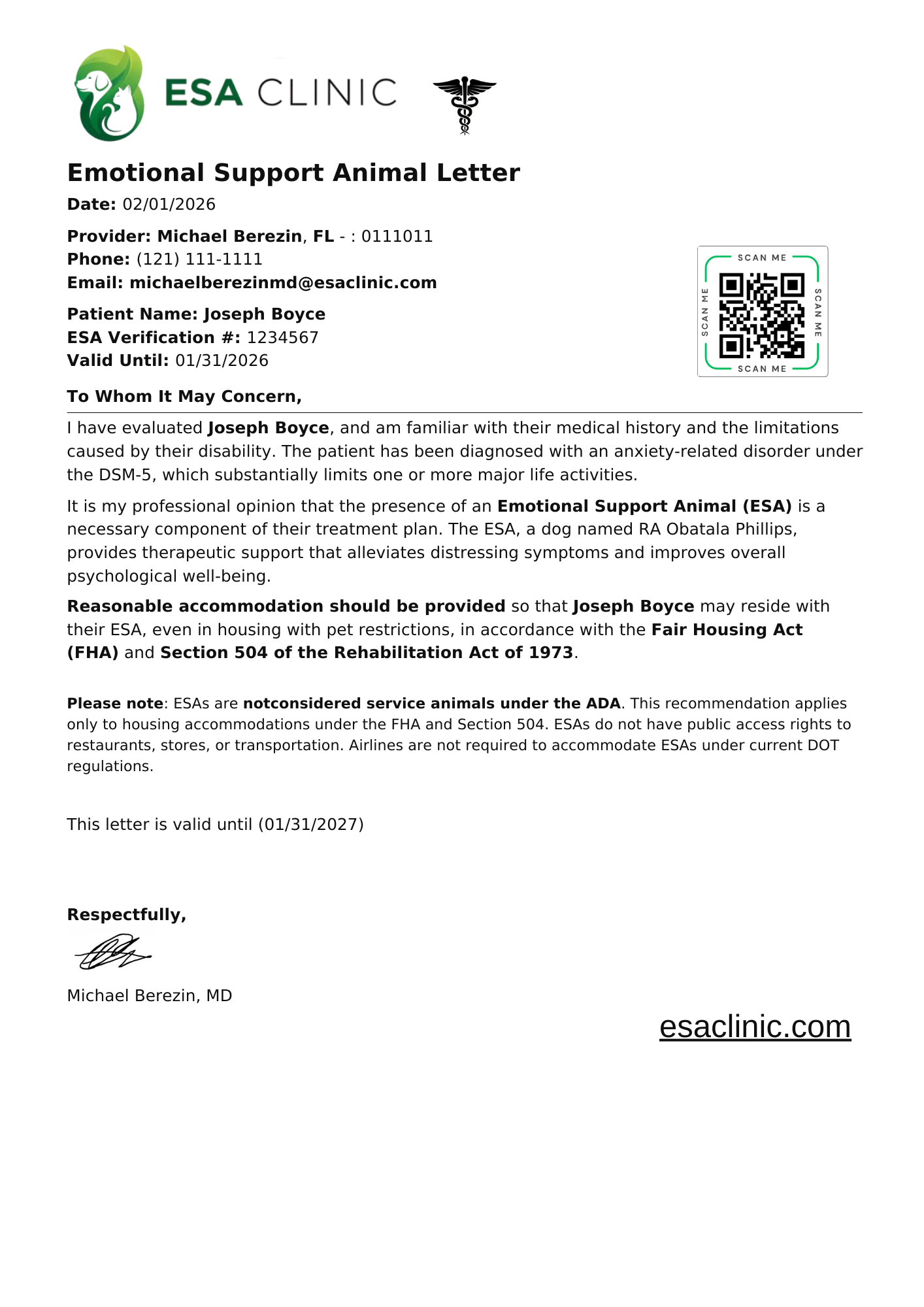 Florida Emotional Support Animal Letter Sample