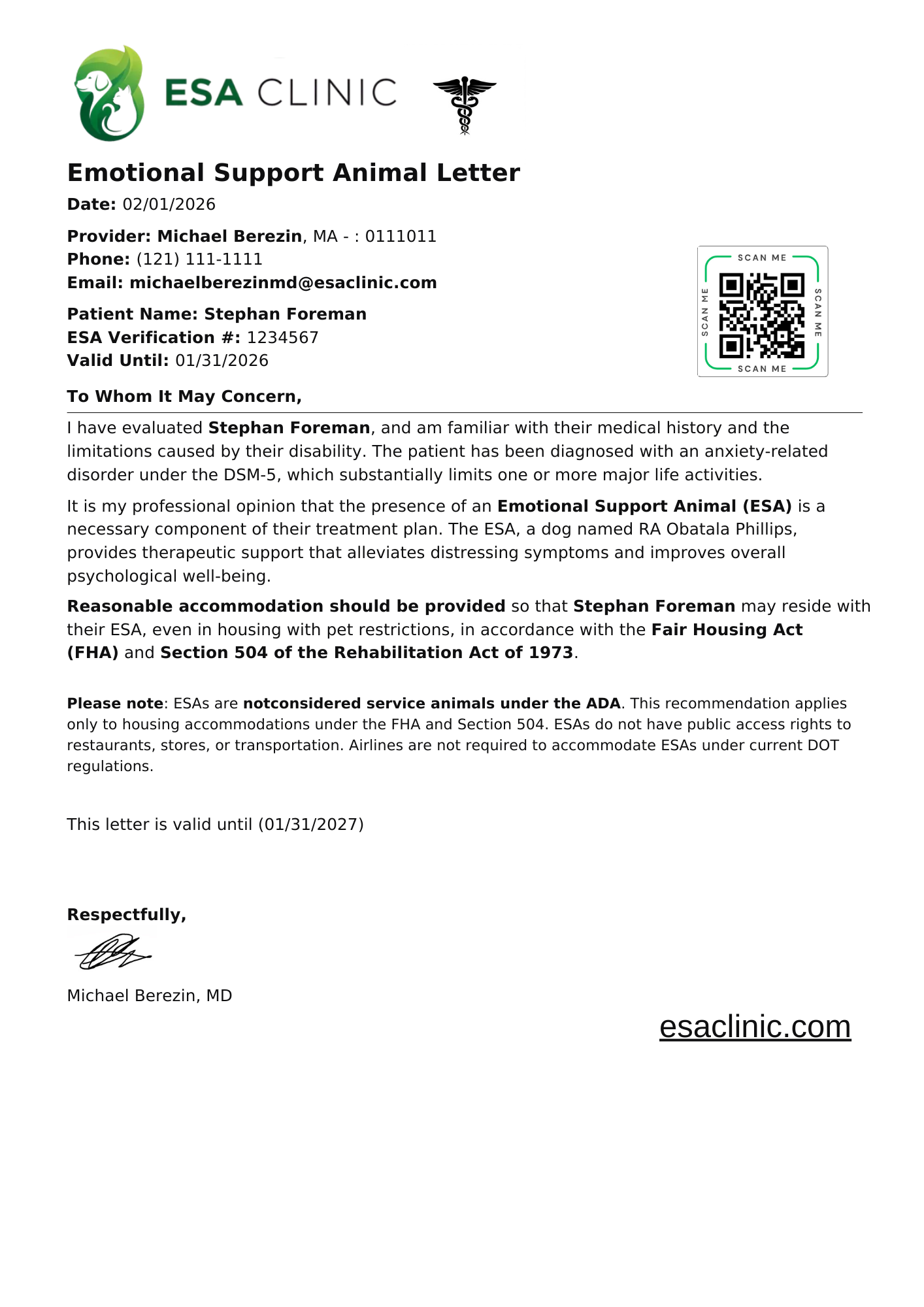 Massachusetts Emotional Support Animal Letter Sample