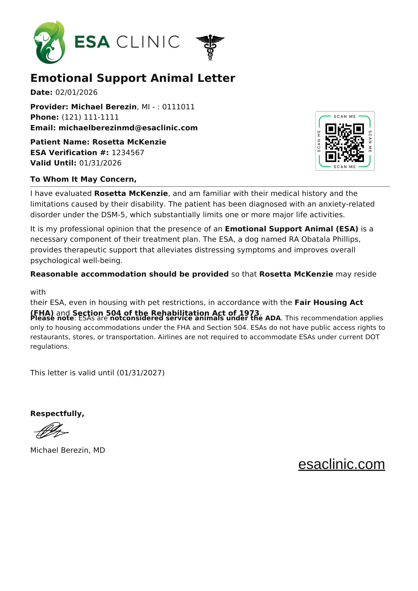 Michigan Emotional Support Animal Letter Sample