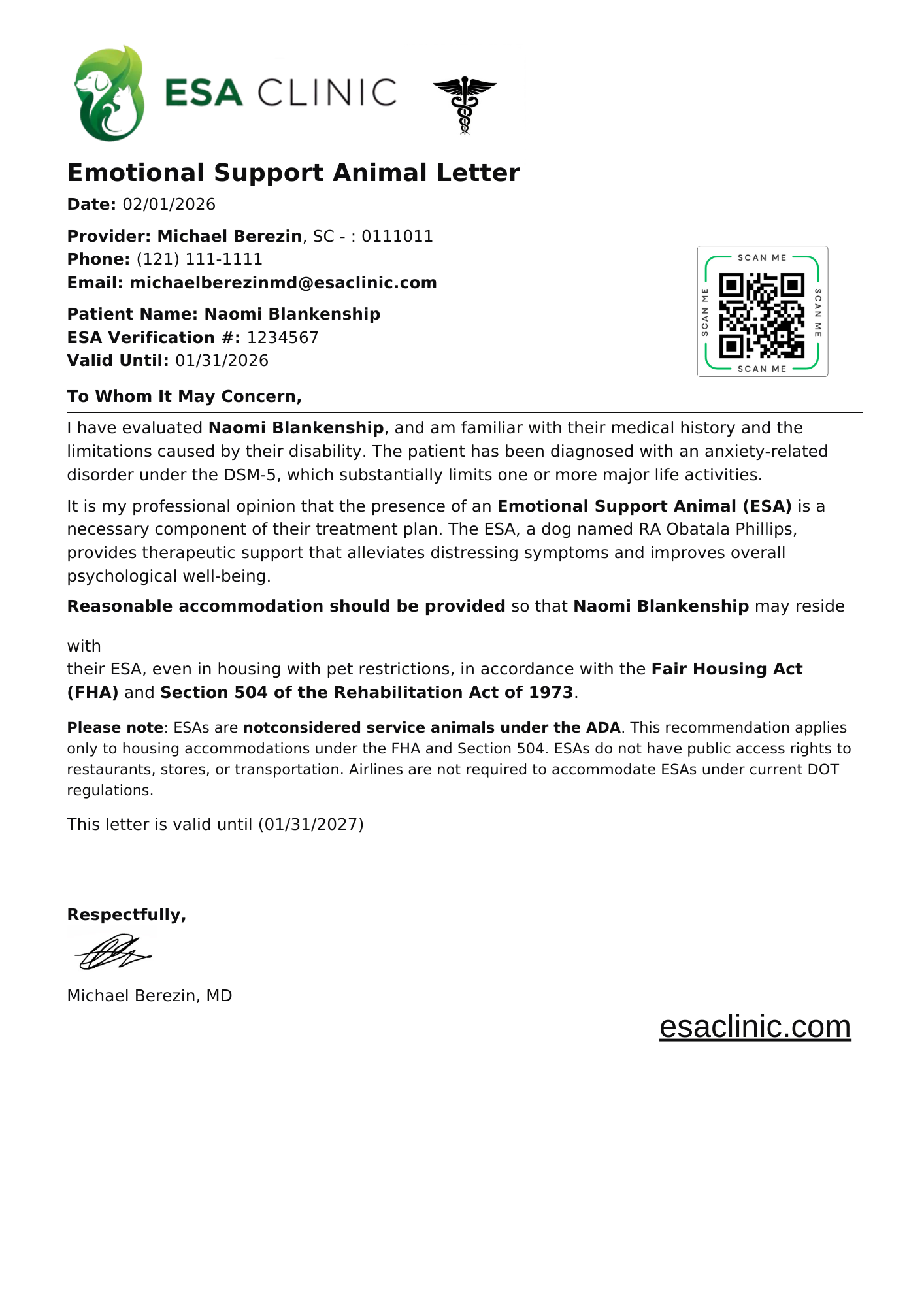 South Carolina Emotional Support Animal Letter Sample