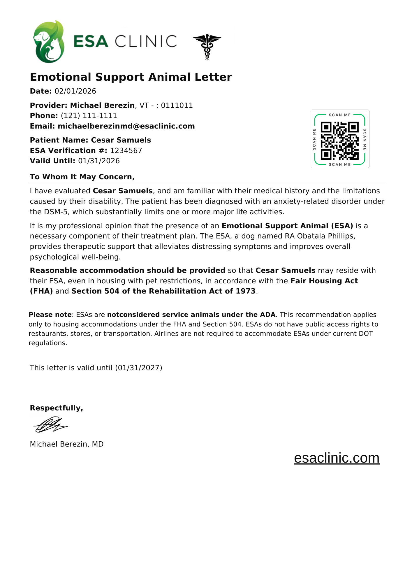 Vermont Emotional Support Animal Letter Sample